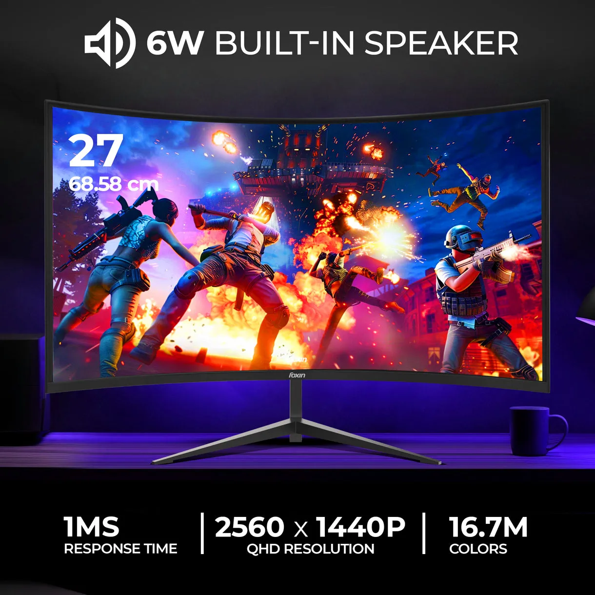 Foxin LED Monitor 24" Curved FHD IPS 200Hz For Gaming with HDMI | DP | Speaker (Phantom) view 4